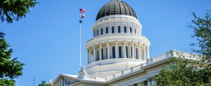 A photo of the white dome of California's State Capitol building in Sacramento.
