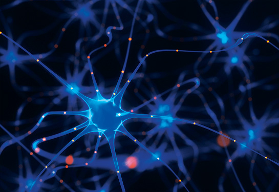 3D illustration of interconnected neurons with electrical pulses.