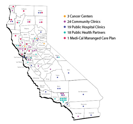 Map of California showing counties and colored dots resembling participating clinics, centers and partners in the Tobacco Learning Collaborative