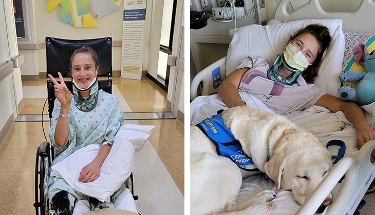 Left: Julia in a wheelchair; Right: Julia in a hospital bed with a comfort dog, Daniel