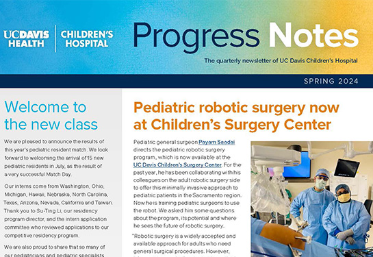 Front cover of Progress Notes newsletter shows two news stories and a photo of two surgeons in the operating room.