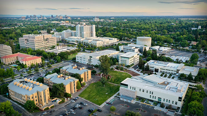 Aerial overview of the UC Davis Health Campus in Sacramento, CA