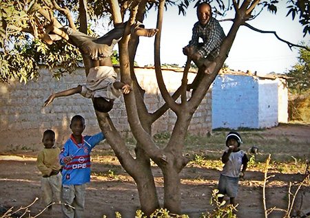 Five children playing and climbing in tree.