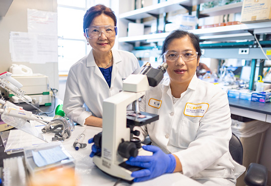 Two women in white coats and safety googles in a laboratory next to a microscope.