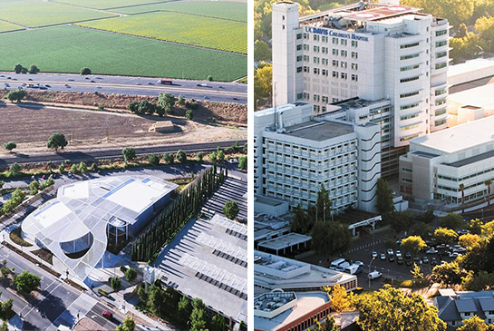 split image of UC Davis campus in Davis and Sacramento, California